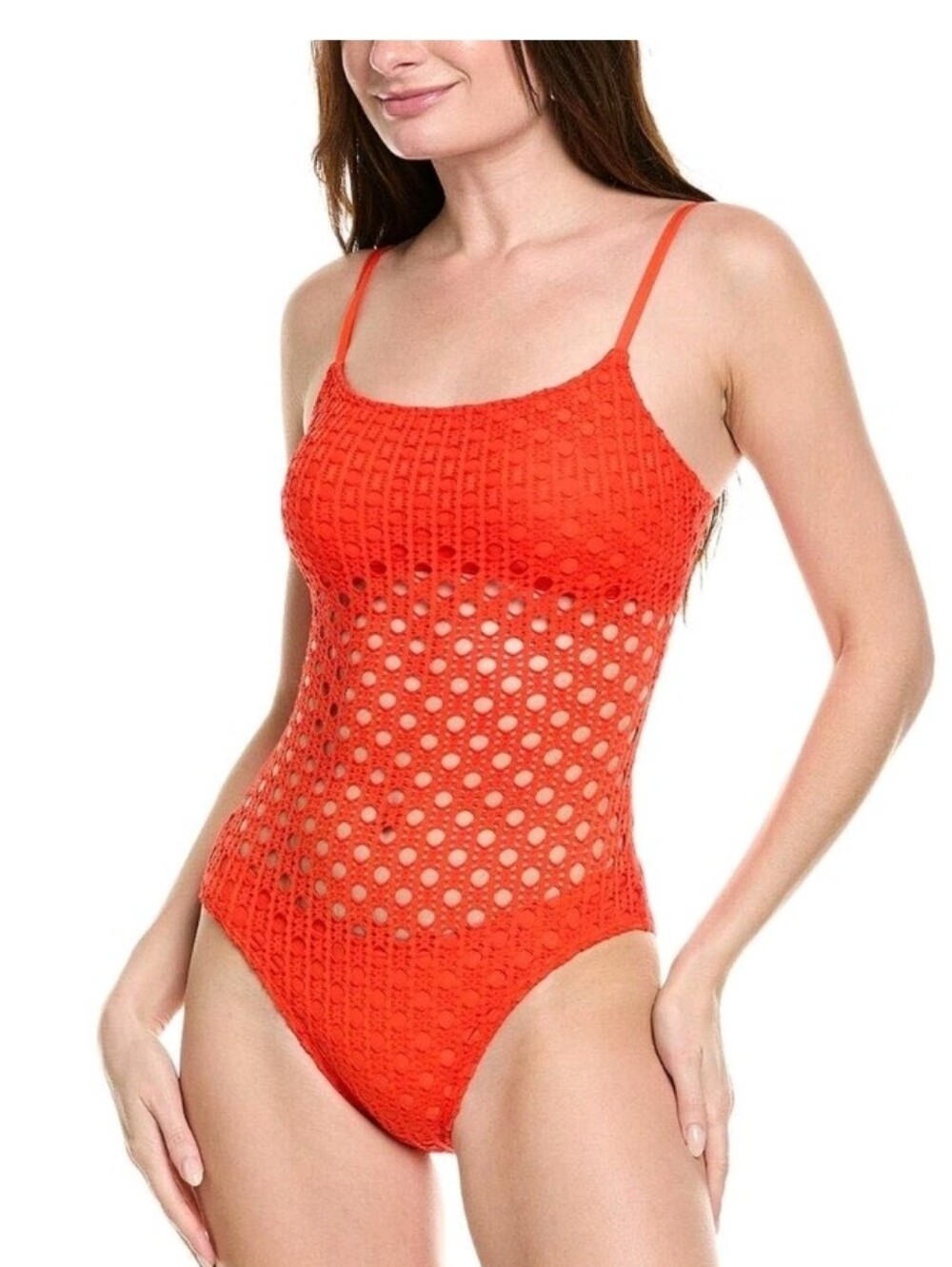 Carmen Marc Valvo Crochet One-Piece Swimsuit Persimmon C21515 Women's 12 NWOT